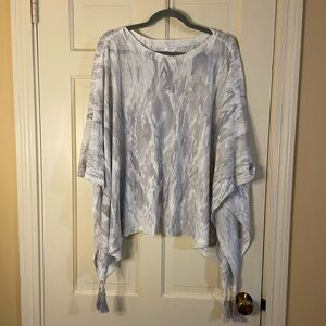 J. JILL-PURE JILL GRAY&WHITE COTTON/LINEN KNIT PONCHO-SOFT TASSELS-ONE SIZE